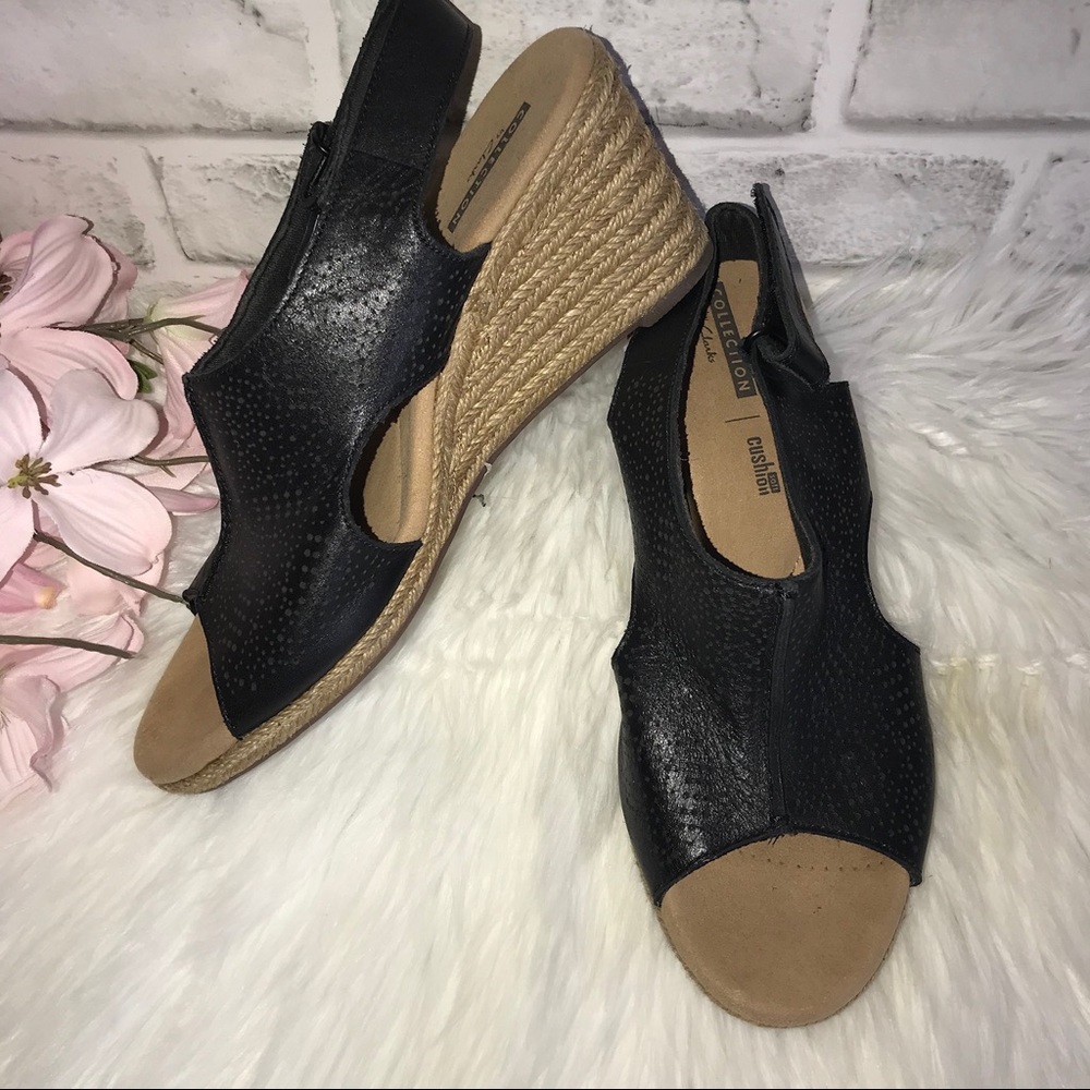 Clarks Black Leather Espadrille Wedge Sandals